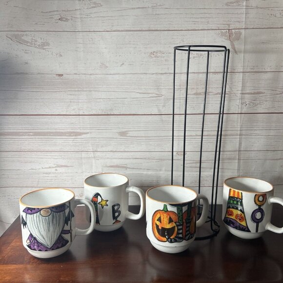 Cobwebs & Cauldrons stackable mugs HALlOWEEN Gnome Set of 4 Coffee tea coca cups - Picture 5 of 8